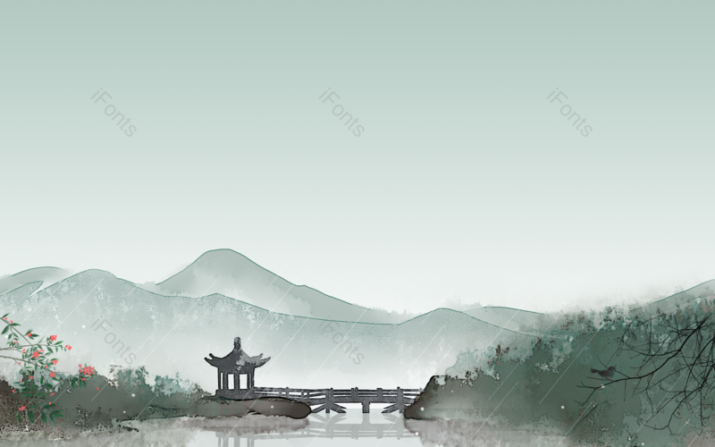 水墨国画风山水画凉亭荷塘月色背景 ,插画/手绘图,插画/手绘图库,插画/手绘图下载,插画/手绘